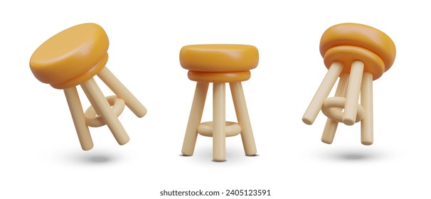 Set of round high chairs in different positions. Bar stools with footrests. Wooden furniture for kitchen, pub. Vector realistic models on white background