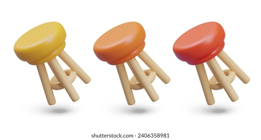 Set of round high pub chairs with wooden legs. 3D models of different colors. Kitchen stool, chair without back. Object is in inclined, falling position. Template for design with dynamic effect