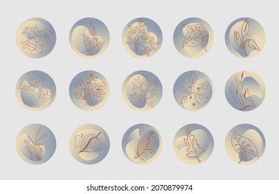 Set of round highlight covers  with abstract shapes and plants in pastel blue colors. 15 icons for social media stories, bloggers. Abstract background. EPS10