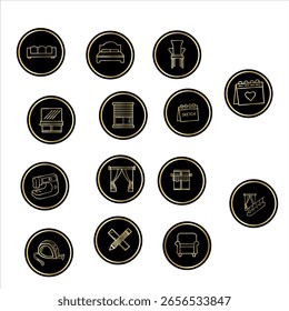 Conjunto de iconos redondos destacados para el interior y el diseño: muebles, cortinas, herramientas de costura, cuadernos de bocetos. Minimalismo negro y dorado, estilo de contorno