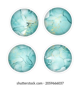 Set of round highlights or story covers with turquoise watercolor  paint stains or marble and golden splashes.