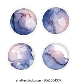 Set of round highlights or story covers with purple watercolor paint stains or marble and golden splashes.