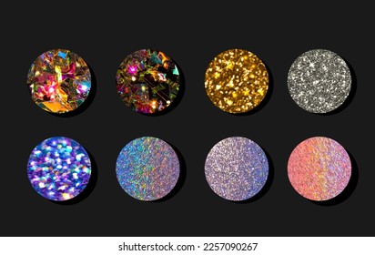 Set of round highlights or story covers with golden, silver, blue, gem glitter.
