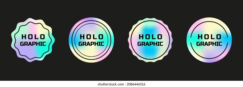 Set of round holographic stickers. Hologram labels of different circles. Vector stickers for design mockups. Holographic textured stickers for preview tags, labels.