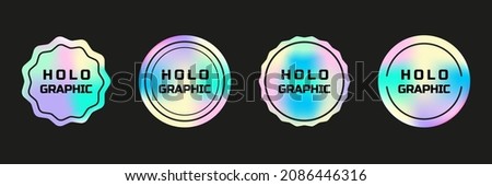 Set of round holographic stickers. Hologram labels of different circles. Vector stickers for design mockups. Holographic textured stickers for preview tags, labels.