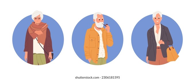 Set of round icon frames of fashion stylish modern senior man and elderly woman characters