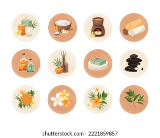 Set of round icon Spa Cosmetics and accessories. Highlights social media Spa items. Collections signs for Spa, wellness and beauty salon. Vector cartoon style elements isolated on white background