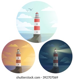 Set of round icon tall lighthouse on a cliff, with beautiful landscape with sea and clouds. Day, sunset, dark night. Flat modern design. Vector illustration EPS10