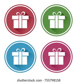 Set round icon. White gift box on colorful background. Vector illustration