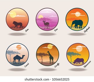 set of round icons of animals africa, vector illustration silhouette of elephant, giraffe, lion, gazelle, elephant, rhinoceros, camel.