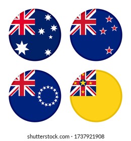 set of round icons. australia, new zealand, cook islands and niue flags. isolated on white background