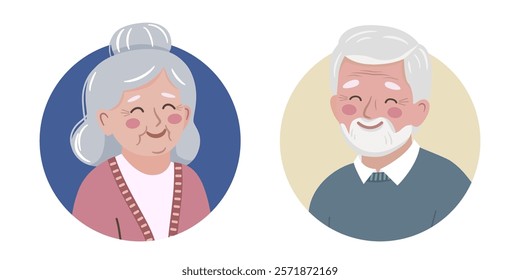 Set of round icons, avatar of elderly woman and man. portrait, profile of smiling happy grandmother, grandfather. People color vector illustration isolated on white background