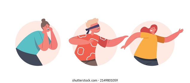 Set of Round Icons or Avatars Children Playing Hide and Seek, Happy Kids and Mother Characters Fun and Recreation. Active Games with Parent, Childhood, Leisure. Cartoon People Vector Illustration