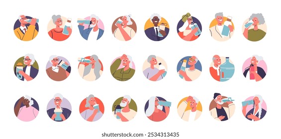 Set of Round Icons or Avatars of Diverse Elderly People Enjoying Refreshing Drinks and Water Throughout The Day