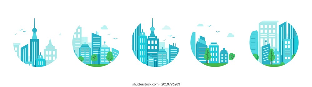 Set of round icons with blue city. Urban landscape with houses in circle. Vector illustration in flat style.