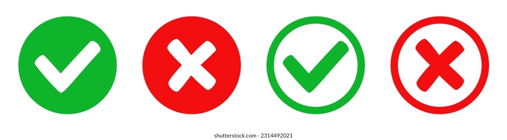 Set of round icons with check marks and red cross for apps and web, flat design vector illustrations