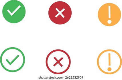 Conjunto de iconos redondos. Iconos de marca de verificación, alerta y advertencia