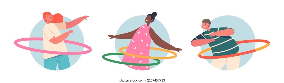 Runde Symbole Kinderzeichen Spaß mit Hula Hoop, Jungen und Mädchen Rolling Rings on Waist. Kinder Aktive Freizeit, Sommererholung, Aktivität oder Sport. Vektorgrafik von Cartoon People