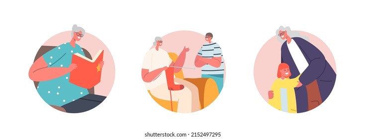 Set of Round Icons Children Visit Grandmother. Granny Reading Book, Knit Socks and Hugging with Grandchild. Happy Family Characters Loving Relations, Togetherness. Cartoon People Vector Illustration