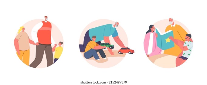 Set of Round Icons Children Visit Grandfather. Grandpa Playing, Read Book, Walk in Park Together with Grandchildren. Happy Family Characters Loving Relation. Cartoon People Vector Illustration, Set