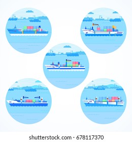Set of round icons with container ships, sea and port. Colored. Please see other sets of icons with ships.