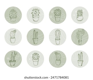 Set of round icons with contour cacti. Decor elements, templates, vector