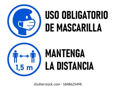 Set of Round Icons for Coronavirus Measures in Spanish including "Uso Obligatorio de Mascarilla" (Face Masks Required) and "Mantenga La Distancia" (Keep Your Distance) 1,5 m. Vector Image.