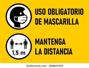 Set of Round Icons for Coronavirus Measures in Spanish including "Uso Obligatorio de Mascarilla" (Face Masks Required) and "Mantenga La Distancia" (Keep Your Distance) 1,5 m. Vector Image.