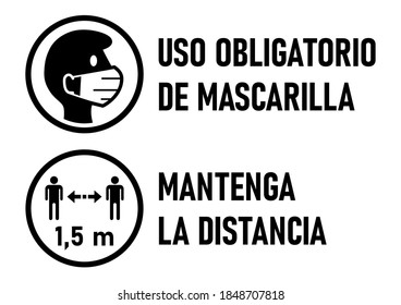 Set of Round Icons for Coronavirus Measures in Spanish including "Uso Obligatorio de Mascarilla" (Face Masks Required) and "Mantenga La Distancia" (Keep Your Distance) 1,5 m. Vector Image.