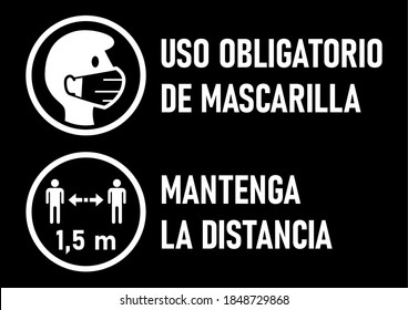 Set of Round Icons for Coronavirus Measures in Spanish including "Uso Obligatorio de Mascarilla" (Face Masks Required) and "Mantenga La Distancia" (Keep Your Distance) 1,5 m. Vector Image.