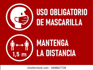 Set of Round Icons for Coronavirus Measures in Spanish including "Uso Obligatorio de Mascarilla" (Face Masks Required) and "Mantenga La Distancia" (Keep Your Distance) 1,5 m. Vector Image.