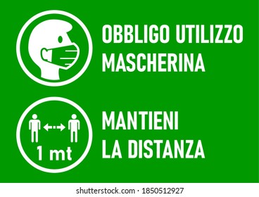 Set of Round Icons for Coronavirus Measures in Italian including "Obbligo Utilizzo Mascherina" (Face Masks Required) and "Mantieni La Distanza" (Keep Your Distance) 1 Metre. Vector Image.