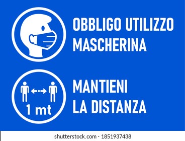 Set of Round Icons for Coronavirus Measures in Italian including "Obbligo Utilizzo Mascherina" (Face Masks Required) and "Mantieni La Distanza" (Keep Your Distance) 1 Metre. Vector Image.