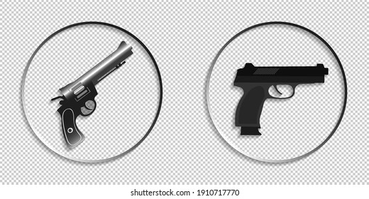 Conjunto de iconos redondos o emblemas con sombras. Pistola oscura y revólver con luces. EPS10