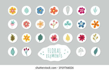 Set of round icons and emblems for social media story highlight covers.   Drawn elements with flower and leaf. Boho design  for organic shop, floral shop, eco product. Vector illustration.