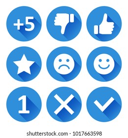 Set of round icons for evaluation. Rating symbols. White signs on blue background. Vector illustration