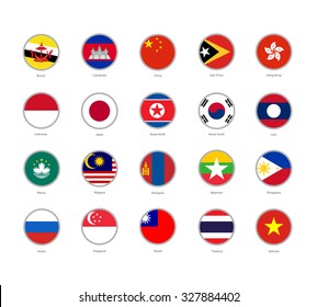 set of round icons Far East flags on white background