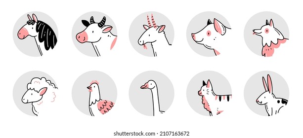 A set of round icons with farm animals in doodle style. Vector isolated illustration. Insta story highlights with animals.