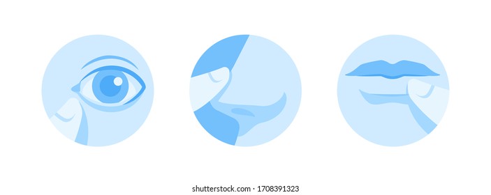 Set of round icons with finger touching eye nose and lips representing how virus infection can be transmitted into human body. Flat vector illustration. Coronavirus 2019-nCoV prevention