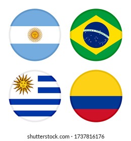 conjunto de indicadores de iconos redondos. banderas argentina, brasil, uruguay y colombia. aislado en fondo blanco