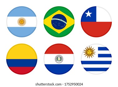 Reihe von Fahnen für runde Symbole. argentina, brazil, chile, colombia, paraguay und uruguayische Flaggen. einzeln auf weißem Hintergrund