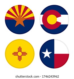 set of round icons flags. arizona, colorado, new mexico and texas flags. isolated on white background