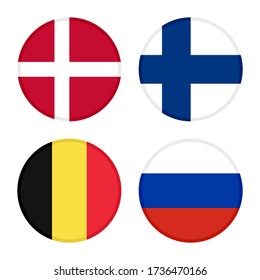 set of round icons flags. denmark, finland, belgium and russia flags. isolated on white background