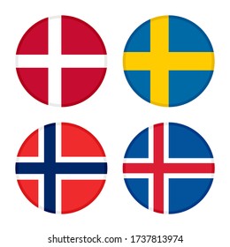 eine Reihe von runden Symbolen. Denmark-, Sweden-, Nord- und Eislaufflaggen. isoliert auf weißem Hintergrund