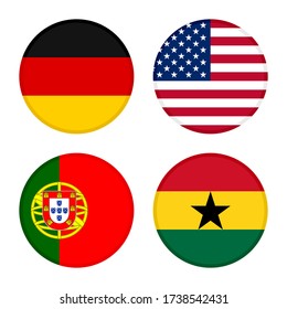 set of round icons flags. germany, usa, portugal and ghana flags. isolated on white background