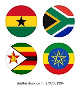 set of round icons flags. ghana, south africa, zimbabwe and ethiopia flags. isolated on white background