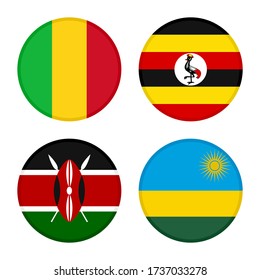 eine Reihe von runden Symbolen. mali, uganda, kenya und ruandische Flaggen. isoliert auf weißem Hintergrund