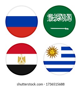 conjunto de indicadores de iconos redondos. banderas rusia saudita, egipto y uruguay. aislado en fondo blanco