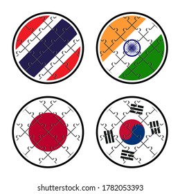 set of round icons flags. thailand, india, jaapan and south korea flags made with jigsaw puzzle pieces. isolated on white background