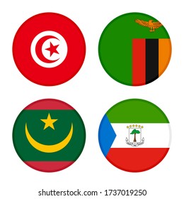 set of round icons flags. tunisia, zambia, mauritania and equatorial guinea flags. isolated on white background
